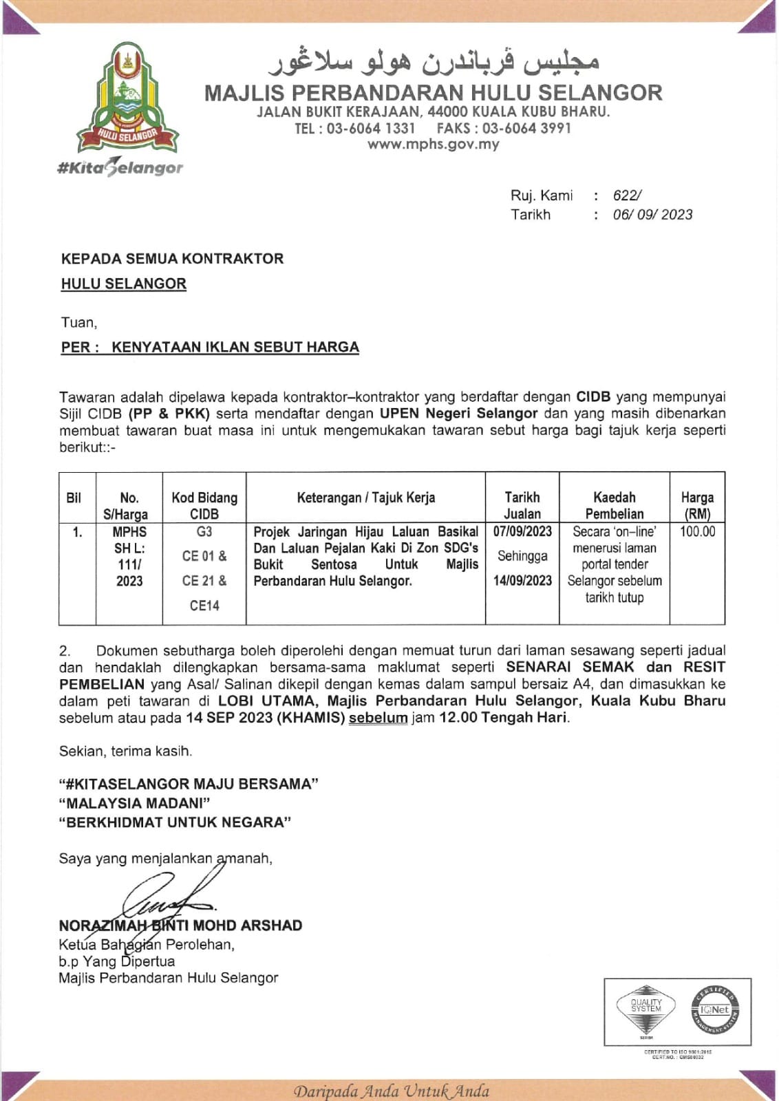 Notis Kenyataan Iklan Sebut Harga Oleh Mphs Tarikh Tutup Dan September